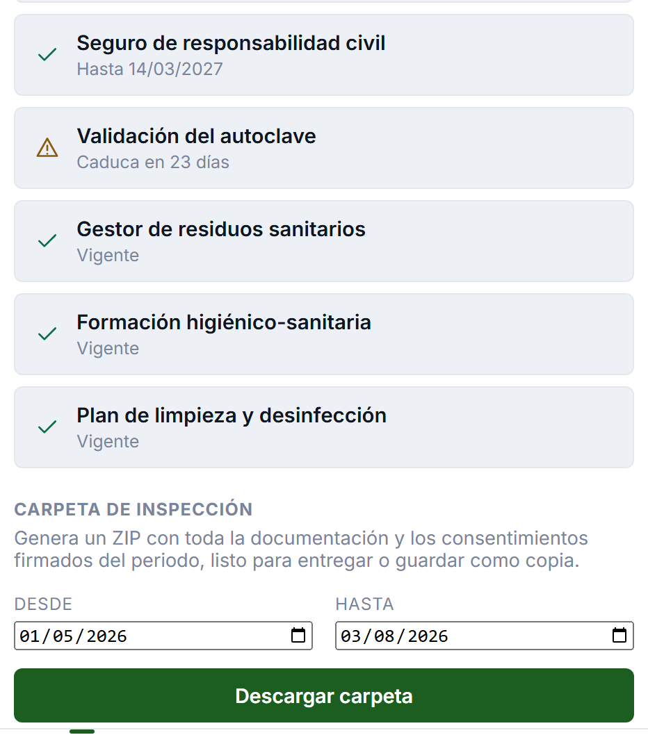 Documentación del negocio en Llustin: seguro vigente, validación del autoclave a punto de caducar con su aviso, y la carpeta de inspección lista para descargar