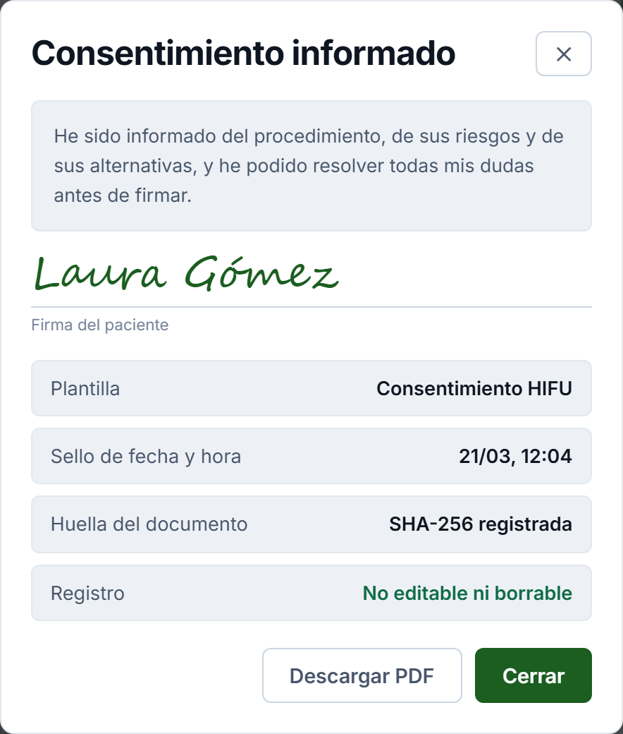 Consentimiento informado firmado en Llustin, con la firma de la paciente, la plantilla utilizada, el sello de fecha y hora y la huella SHA-256 registrada