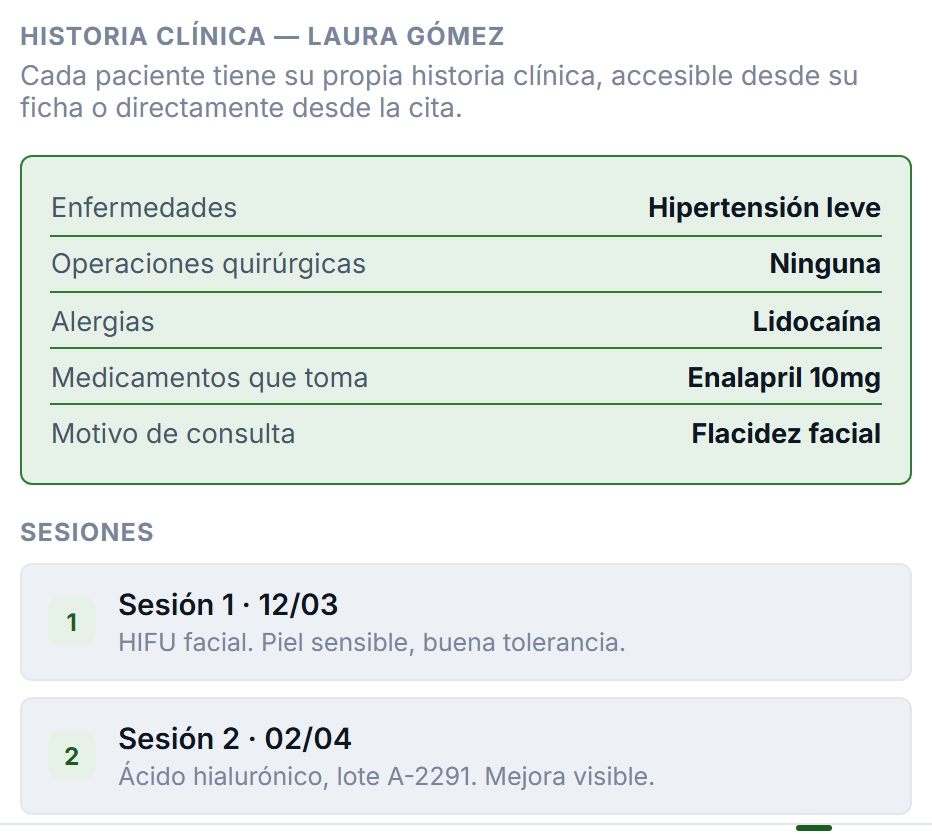 Historia clínica en Llustin: antecedentes, alergias y medicación de una paciente, con sus sesiones numeradas y la trazabilidad del producto aplicado
