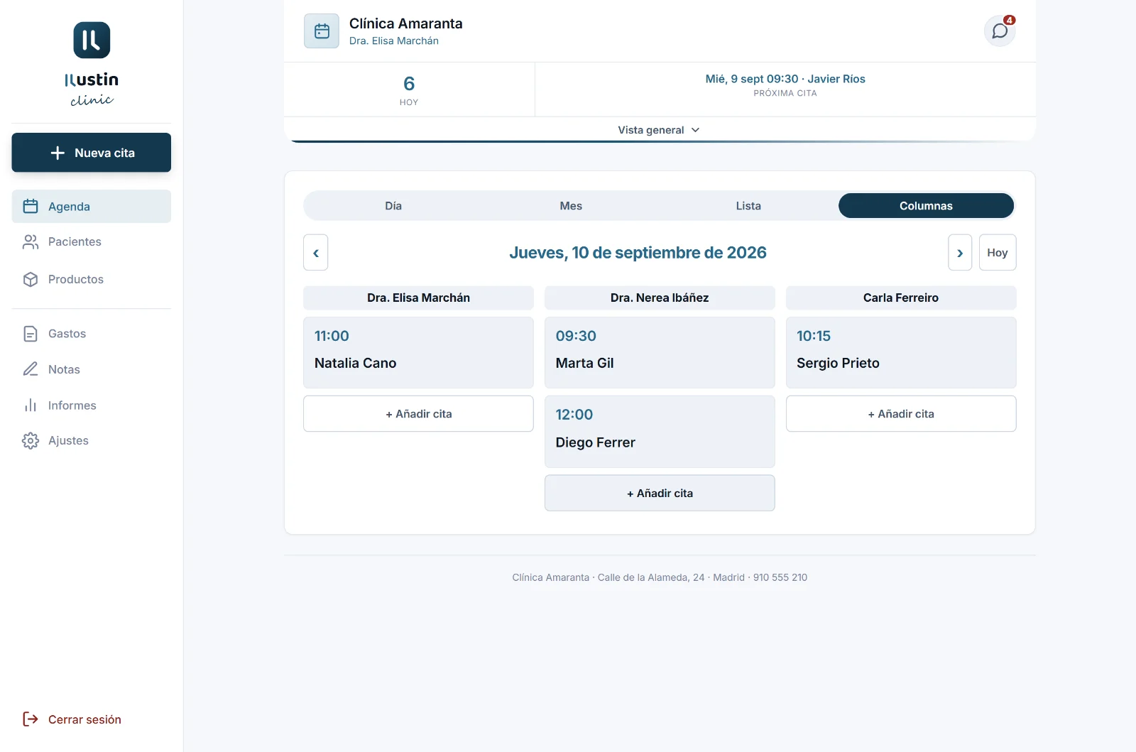 Vista por columnas de la agenda: tres profesionales, cada uno con sus citas del día y el servicio que va a hacer.