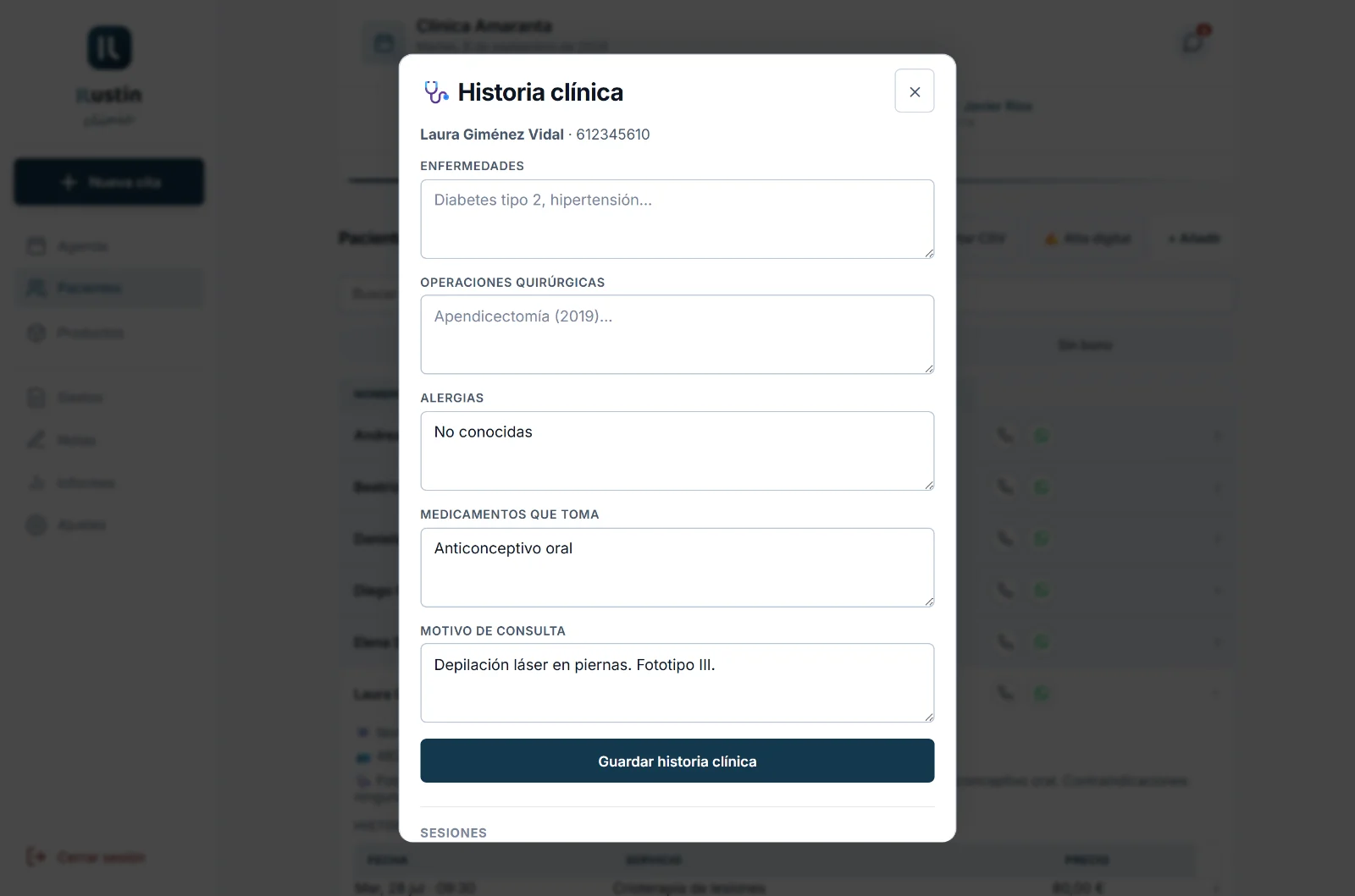 Historia clínica de una paciente en Llustin: enfermedades, operaciones, alergias, medicación y motivo de consulta.