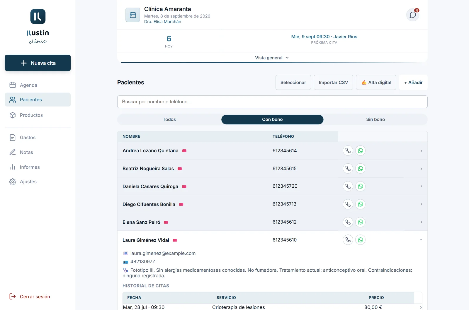 Ficha de una paciente: historial de citas, bono de láser con 3 de 5 sesiones usadas, productos comprados y consentimiento firmado.